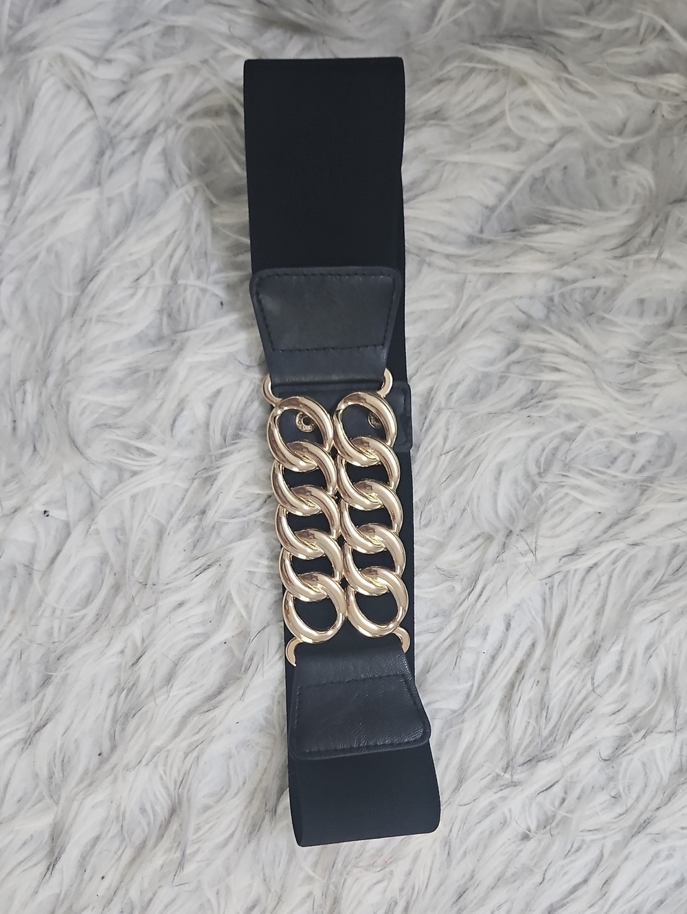 Black Elastic Waist Belt with Gold Chain Accent